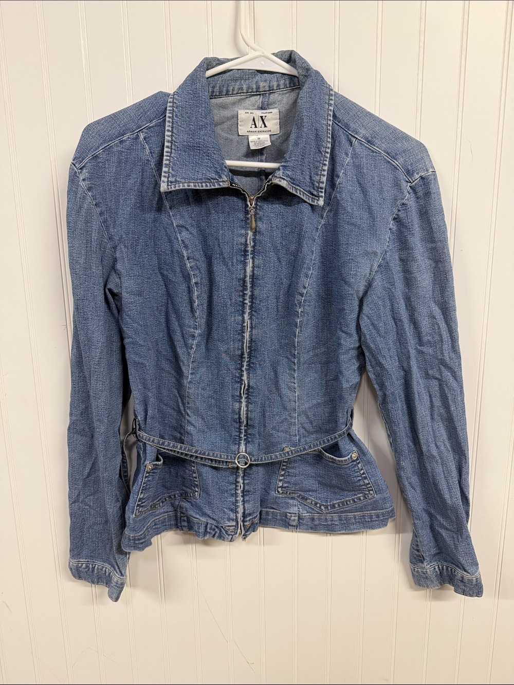 A/X Armani Exchange Women's Medium Blue Denim Zip Jacket with Waist Cinch